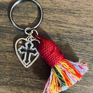 Colorful Tassel and Heart Keychain with Cross Charm Key Holder
